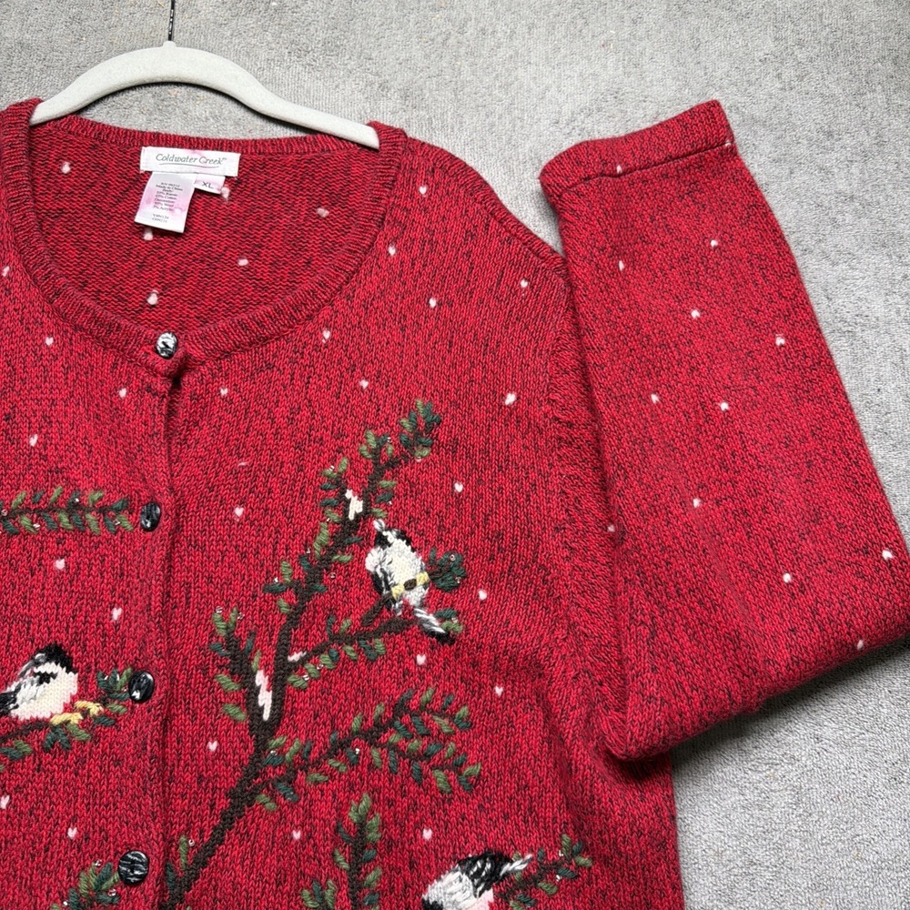 Embroidered Cardigan Sweater Red Birds Floral Womens XL Holiday